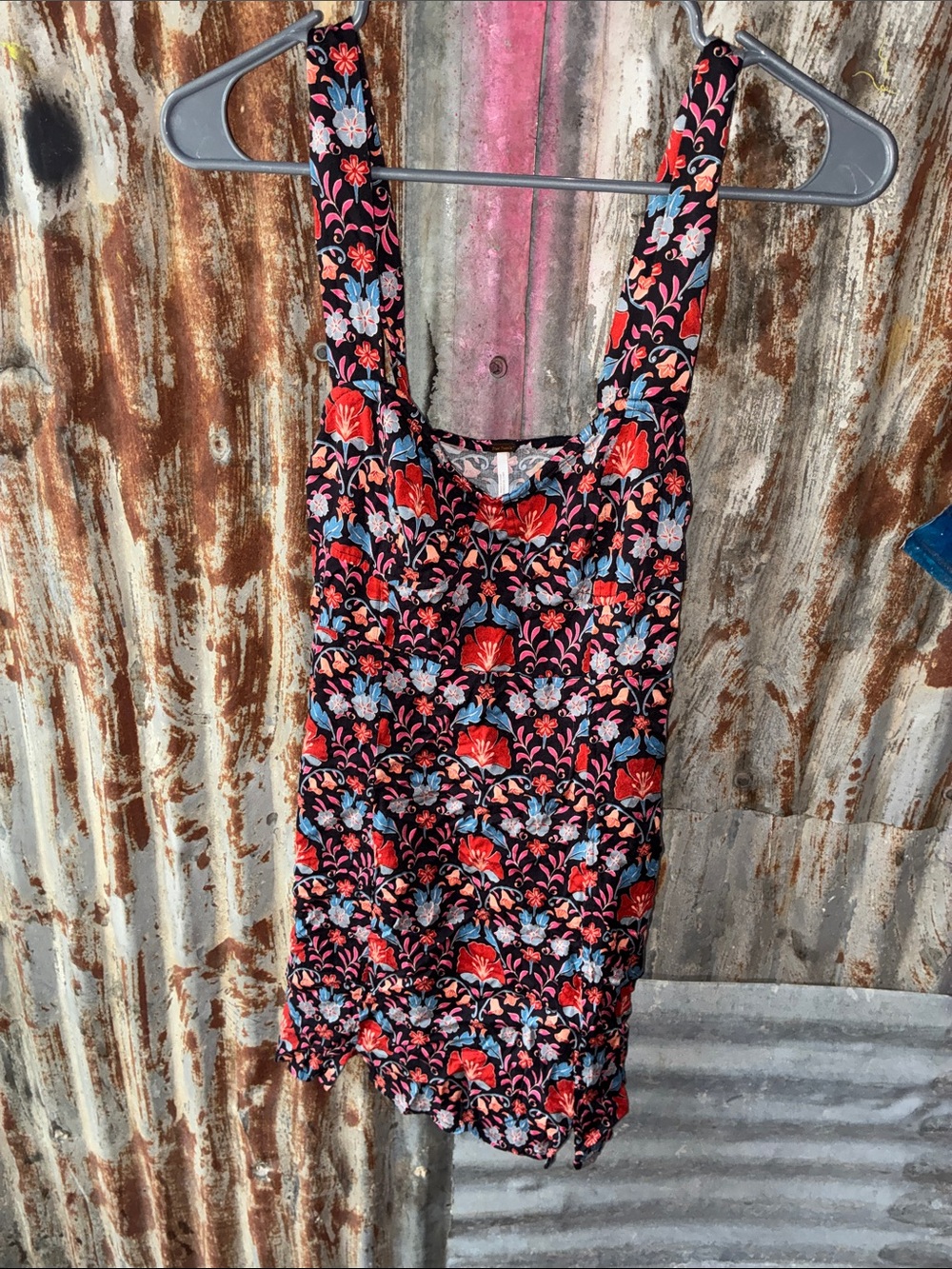 Free People Black Mini Dress with Red & Light Blue Floral Print